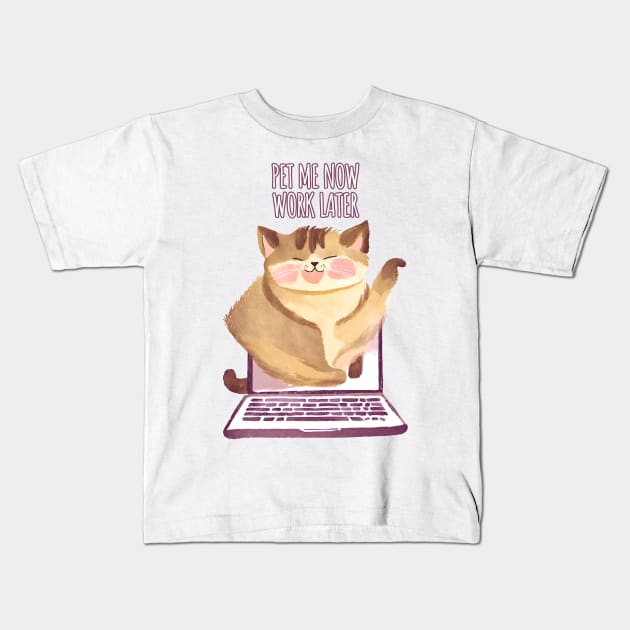 Pet Me Now Work Later - Kitten Cat out of Laptop Kids T-Shirt by Millusti